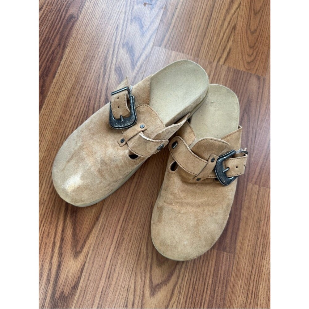 American Eagle Tan Faux Suede Buckle Mule Slides Size 9